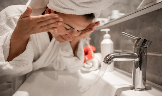 Woman rinsing her face with a towel on her head getting ready to cleanse her face.