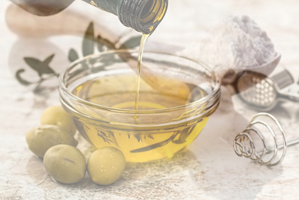 Bowl Of Olive Oil, olives, pearl powder and mixing equipment