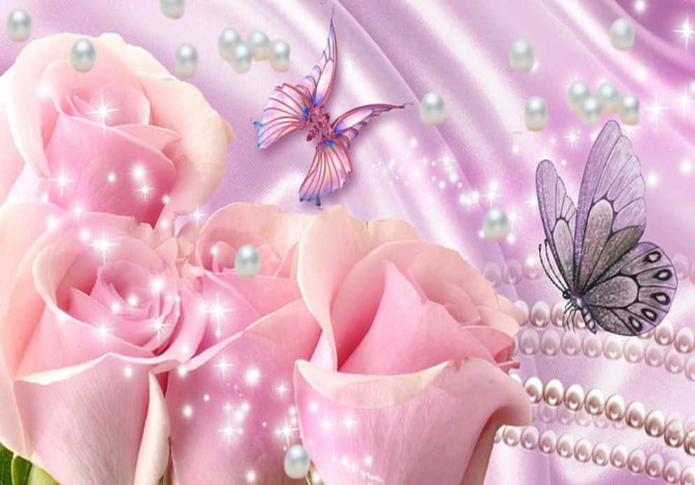 beautiful silk background, pink roses with butterflies and pearls all around.